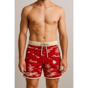 Favant Hawaii Red Board Shorts Sz 32 Tropical Island Print Swim Trunks